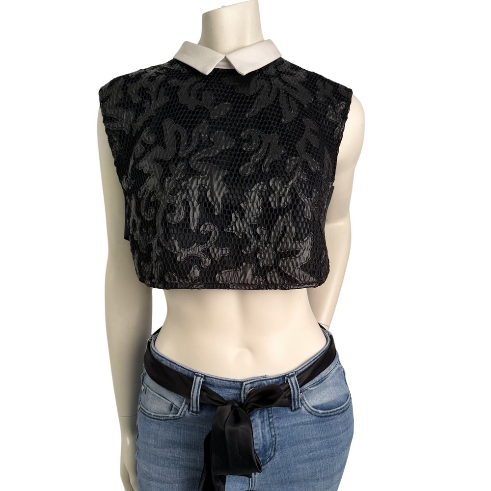 Mustard Seed Black White Collared‎ Sleeveless  Vest Crop Top  Art To Wear L